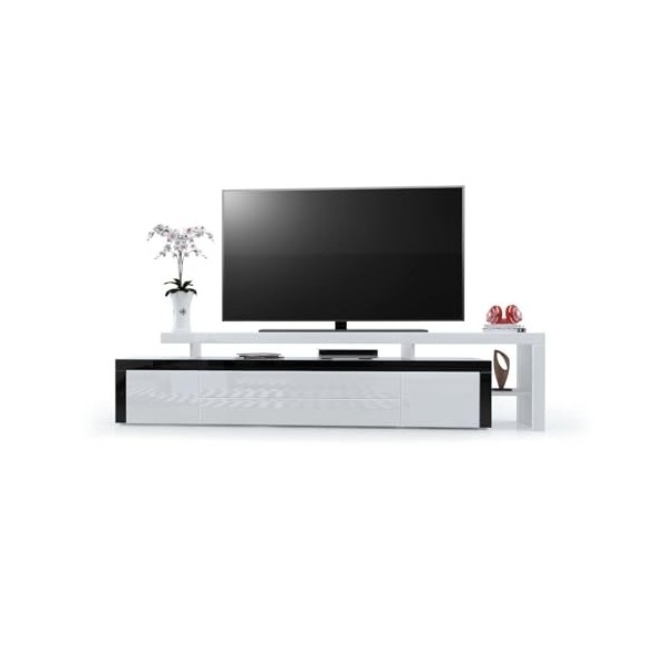 Vladon Meuble TV Bas Leon V3, Corps en Blanc Haute Brillance/Façades en Blanc Haute Brillance avec Une bodure en Noir Haute B