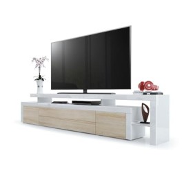 Vladon Meuble TV Bas Leon V3, Corps en Blanc Haute Brillance/Façades en chêne Brut avec Une bodure en Blanc Haute Brillance 