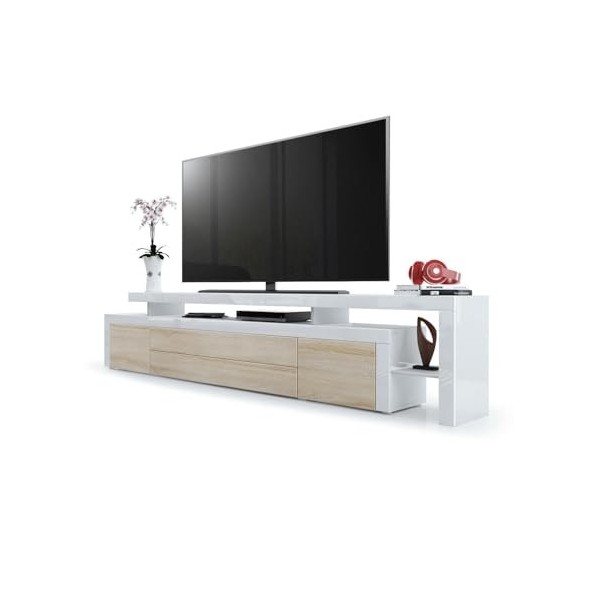 Vladon Meuble TV Bas Leon V3, Corps en Blanc Haute Brillance/Façades en chêne Brut avec Une bodure en Blanc Haute Brillance 