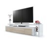 Vladon Meuble TV Bas Leon V3, Corps en Blanc Haute Brillance/Façades en chêne Brut avec Une bodure en Blanc Haute Brillance 