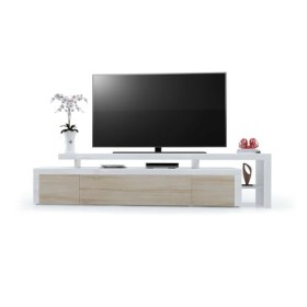 Vladon Meuble TV Bas Leon V3, Corps en Blanc Haute Brillance/Façades en chêne Brut avec Une bodure en Blanc Haute Brillance 