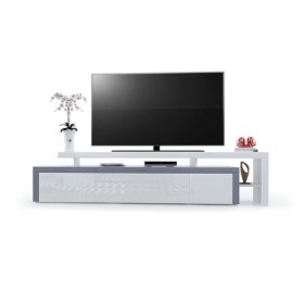 Vladon Meuble TV Bas Leon V3, Corps en Blanc Haute Brillance/Façades en Blanc Haute Brillance avec Une bodure en Gris Haute B