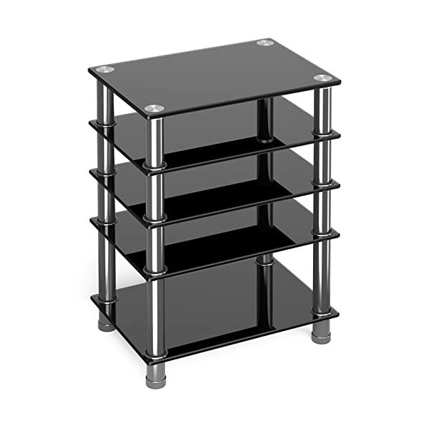 Support multimédia audio-vidéo avec étagères en verre trempé à 5 niveaux, armoire AV moderne avec grand espace de rangement p