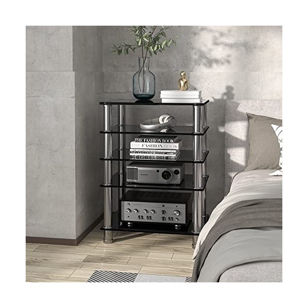 Support multimédia audio-vidéo avec étagères en verre trempé à 5 niveaux, armoire AV moderne avec grand espace de rangement p