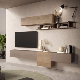 Tousmesmeubles Composition TV 4 Portes Bronze/Chêne Noisette - Imola - L 262 x l 30 x H 185 cm - Neuf