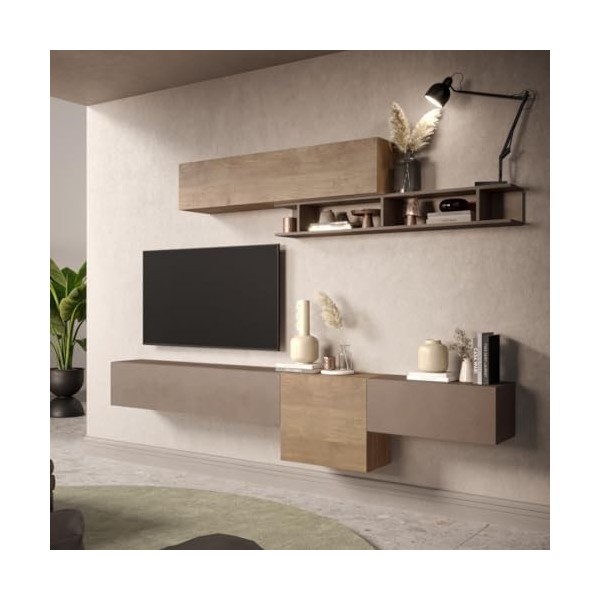 Tousmesmeubles Composition TV 4 Portes Bronze/Chêne Noisette - Imola - L 262 x l 30 x H 185 cm - Neuf