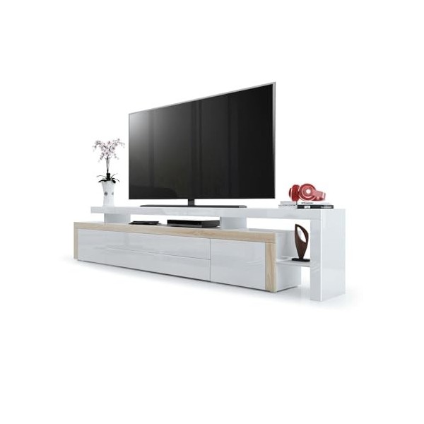 Vladon Meuble TV Bas Leon V3, Corps en Blanc Haute Brillance/Façades en Blanc Haute Brillance avec Une bodure en chêne Brut