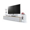 Vladon Meuble TV Bas Leon V3, Corps en Blanc Haute Brillance/Façades en Blanc Haute Brillance avec Une bodure en chêne Brut 