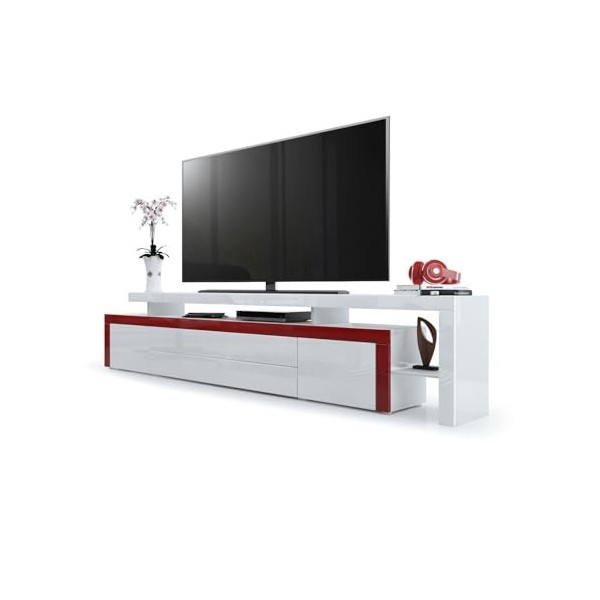 Vladon Meuble TV Bas Leon V3, Corps en Blanc Haute Brillance/Façades en Blanc Haute Brillance avec Une bodure en Bordeaux Hau