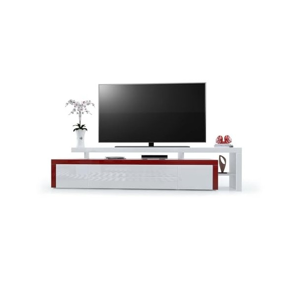 Vladon Meuble TV Bas Leon V3, Corps en Blanc Haute Brillance/Façades en Blanc Haute Brillance avec Une bodure en Bordeaux Hau