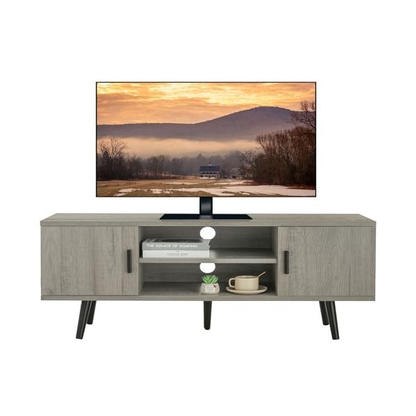 Iwell Meuble TV moderne du milieu du siècle pour télévision de 55", meuble TV avec rangement et étagères ouvertes, centre de 