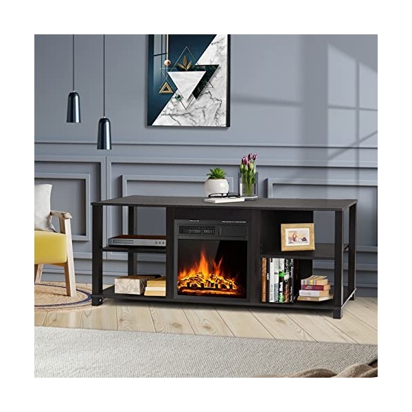 GIANTEX Meuble TV à 2 niveaux pour TV jusquà 165 cm, Meuble TV moderne avec grand plateau et étagères ouvertes, compartiment