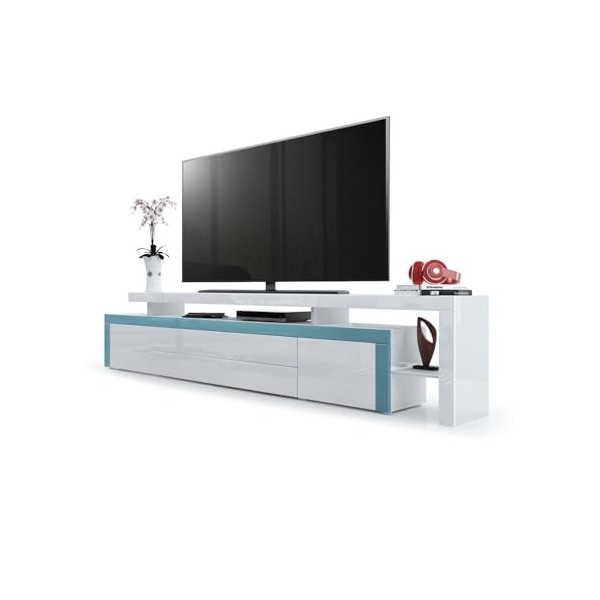 Vladon Meuble TV Bas Leon V3, Corps en Blanc Haute Brillance/Façades en Blanc Haute Brillance avec Une bodure en Turquoise Ha