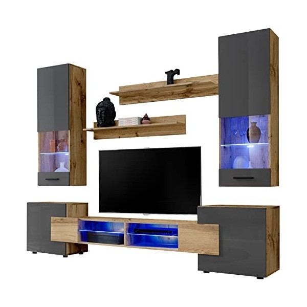 ExtremeFurniture Luck Meuble TV, Carcasse en Wotan Mat/Façade en Gris Brillant + LED Multicolores avec télécommande