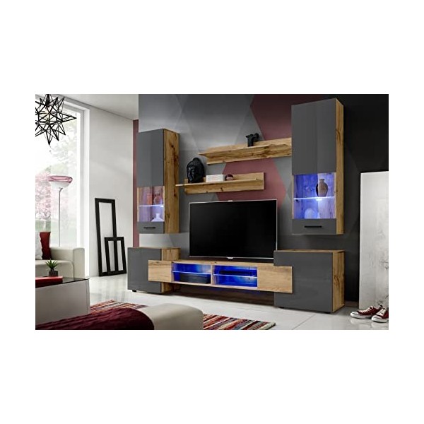 ExtremeFurniture Luck Meuble TV, Carcasse en Wotan Mat/Façade en Gris Brillant + LED Multicolores avec télécommande