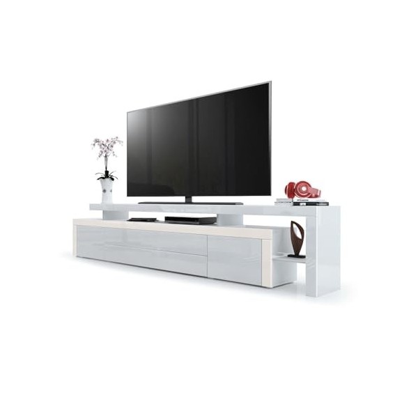Vladon Meuble TV Bas Leon V3, Corps en Blanc Haute Brillance/Façades en Blanc Haute Brillance avec Une bodure en crème Haute 
