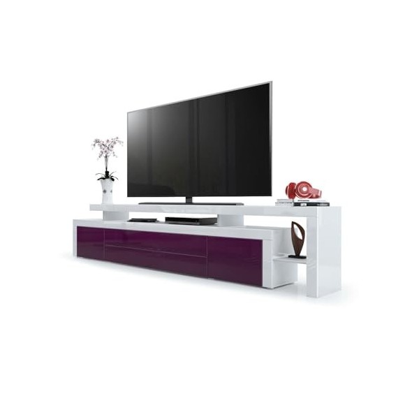 Vladon Meuble TV Bas Leon V3, Corps en Blanc Haute Brillance/Façades en mûre Haute Brillance avec Une bodure en Blanc Haute B