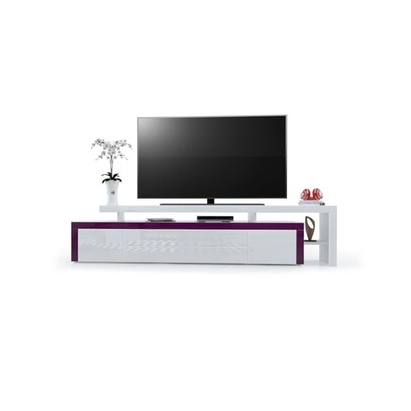 Vladon Meuble TV Bas Leon V3, Corps en Blanc Haute Brillance/Façades en mûre Haute Brillance avec Une bodure en Blanc Haute B