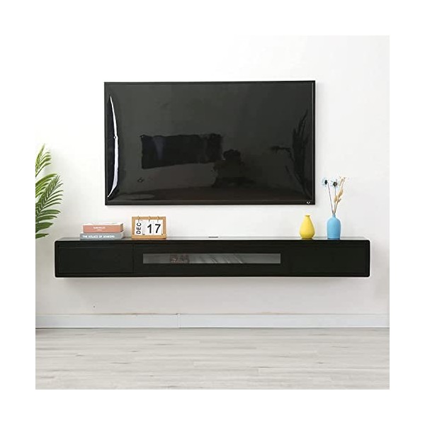 Meuble TV Mural Noir à Suspendre, Meuble TV Flottant en Bois Massif de 55,1 Pouces, Table de Rangement multimédia pour Petit 