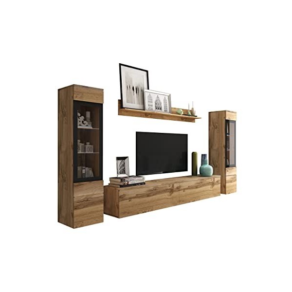 Mirjan24 Doppo II - Mur darmoire, ouverture sans poignée, mur de fixation, meuble TV, mur multimédia, étagère murale, meuble