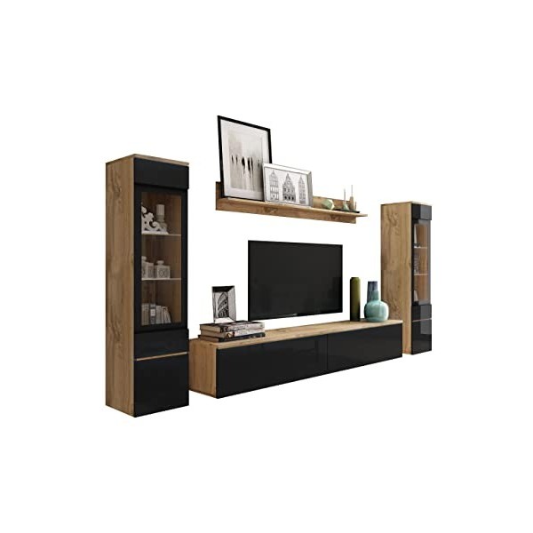 Mirjan24 Doppo II - Mur darmoire, ouverture sans poignée, mur de fixation, meuble TV, mur multimédia, étagère murale, meuble