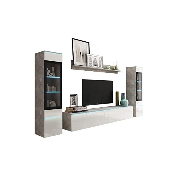 Mirjan24 Doppo II - Mur darmoire, ouverture sans poignée, mur de fixation, meuble TV, mur multimédia, étagère murale, meuble