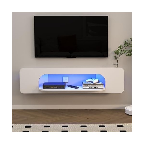 Bixiaomei Meuble TV flottant avec lumières LED, étagères murales de 122 cm avec 3 grandes armoires, console multimédia modern