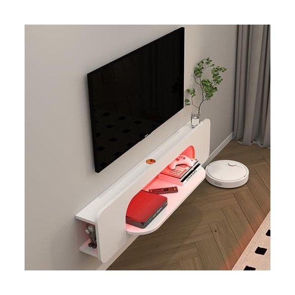 Bixiaomei Meuble TV flottant avec lumières LED, étagères murales de 122 cm avec 3 grandes armoires, console multimédia modern