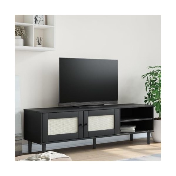 Meuble TV SENJA aspect rotin noir 158 x 40 x 49 cm