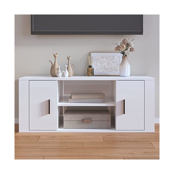 Keyur Meuble TV, Banc TV Buffet Bas Support de Télévision Meuble Télé Meuble TV Blanc Brillant 100x35x40 cm Bois dingénierie
