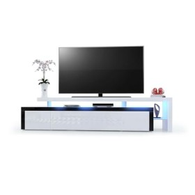 Vladon Meuble TV Bas Leon V3, Corps en Blanc Haute Brillance/Façades en Blanc Haute Brillance avec Une bodure en Noir Haute B