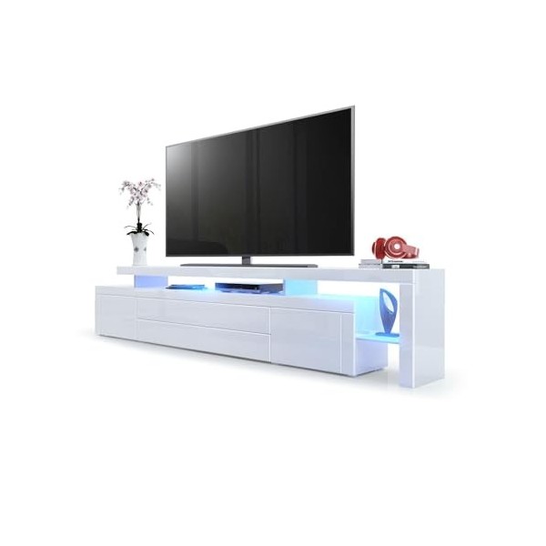 Vladon Meuble TV Bas Leon V3, Corps en Blanc Haute Brillance/Façades en Blanc Haute Brillance avec Une bodure en Blanc Haute 
