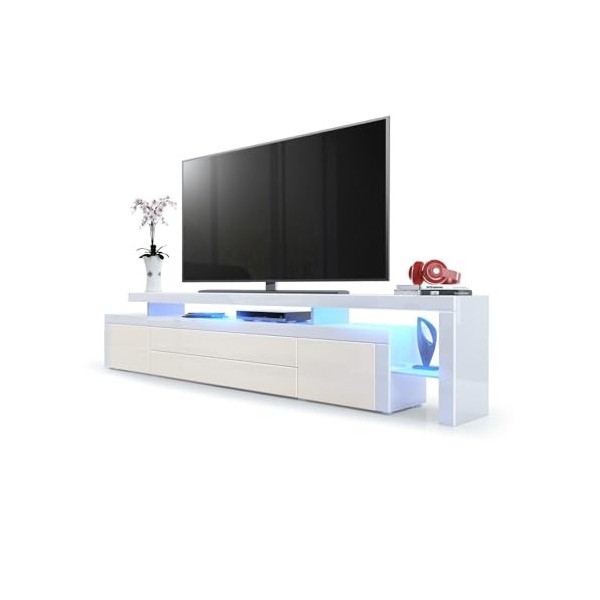 Vladon Meuble TV Bas Leon V3, Corps en Blanc Haute Brillance/Façades en crème Haute Brillance avec Une bodure en Blanc Haute 
