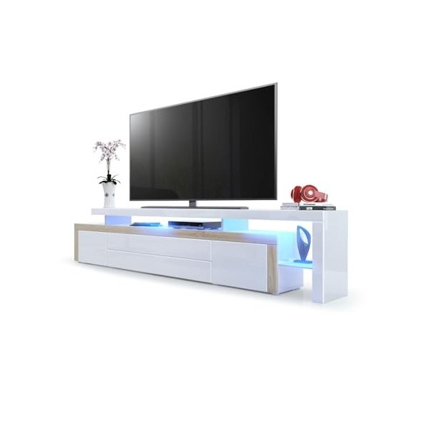 Vladon Meuble TV Bas Leon V3, Corps en Blanc Haute Brillance/Façades en Blanc Haute Brillance avec Une bodure en chêne Brut a