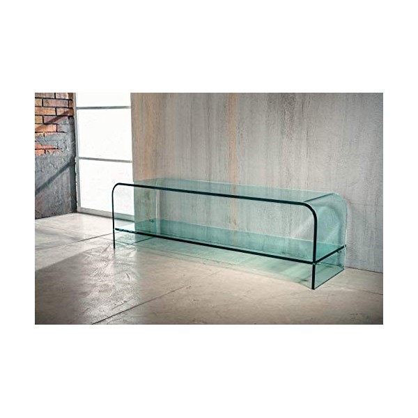 IMAGO FACTORY Net | Plateau en verre incurvé avec étagère, table pour TV en verre, meuble de salon, base TV moderne, meuble T