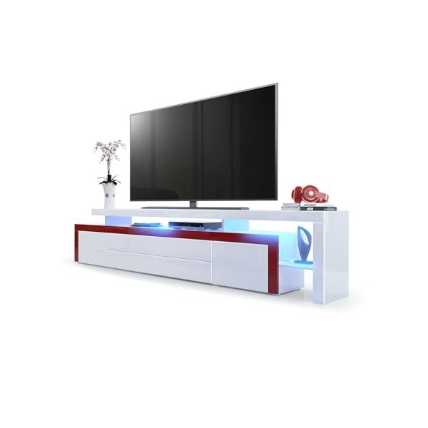 Vladon Meuble TV Bas Leon V3, Corps en Blanc Haute Brillance/Façades en Blanc Haute Brillance avec Une bodure en Bordeaux Hau