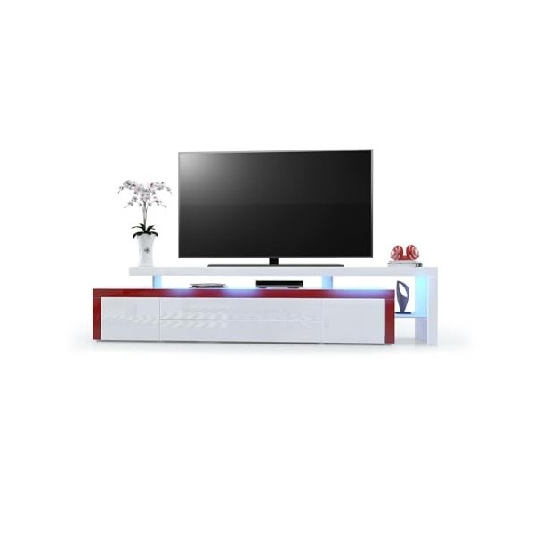 Vladon Meuble TV Bas Leon V3, Corps en Blanc Haute Brillance/Façades en Blanc Haute Brillance avec Une bodure en Bordeaux Hau