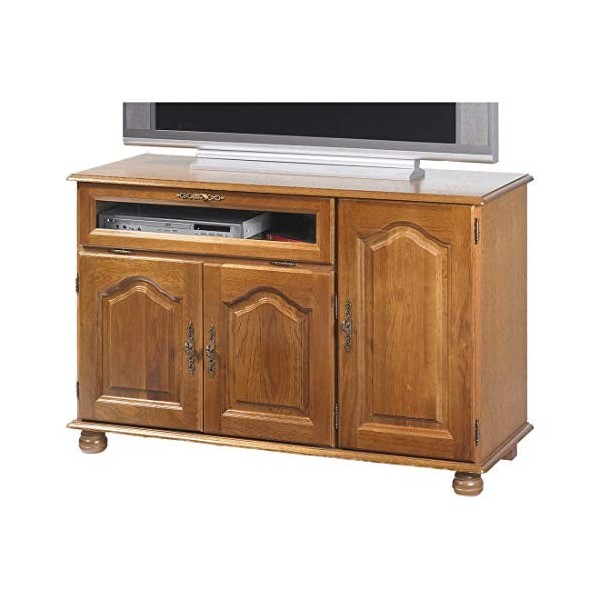 ACTUAL DIFFUSION Meuble TV 55 Pouces Chêne 3 Portes 1 Abattant Vitré 6 Niches Longueur 120.6 Hauteur 77 Profondeur 46.5 cm