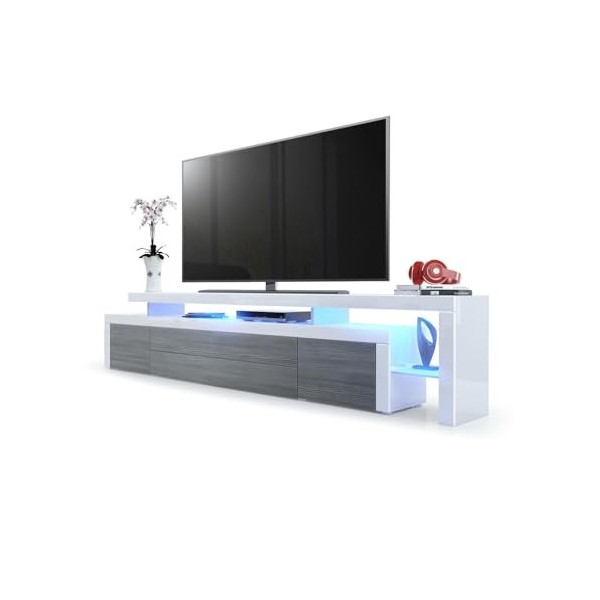 Vladon Meuble TV Bas Leon V3, Corps en Blanc Haute Brillance/Façades en avola-Anthracite avec Une bodure en Blanc Haute Brill