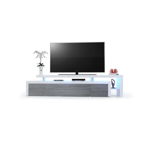 Vladon Meuble TV Bas Leon V3, Corps en Blanc Haute Brillance/Façades en avola-Anthracite avec Une bodure en Blanc Haute Brill
