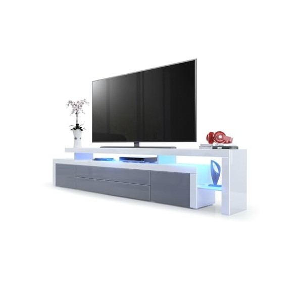 Vladon Meuble TV Bas Leon V3, Corps en Blanc Haute Brillance/Façades en Gris Haute Brillance avec Une bodure en Blanc Haute B