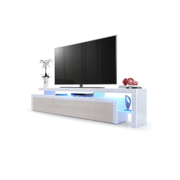 Vladon Meuble TV Bas Leon V3, Corps en Blanc Haute Brillance/Façades en Gris Sable Haute Brillance avec Une bodure en Blanc H
