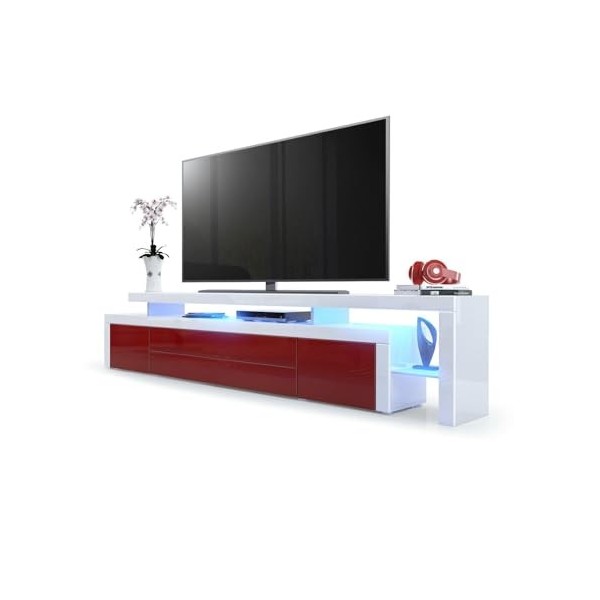 Vladon Meuble TV Bas Leon V3, Corps en Blanc Haute Brillance/Façades en Bordeaux Haute Brillance avec Une bodure en Blanc Hau