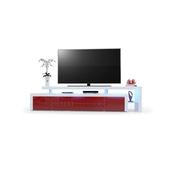 Vladon Meuble TV Bas Leon V3, Corps en Blanc Haute Brillance/Façades en Bordeaux Haute Brillance avec Une bodure en Blanc Hau