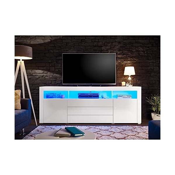 Stella Trading Goal Gal Bas éclairage LED Bleu – Meuble TV avec Beaucoup despace de Rangement pour Votre Salon, Bois dingén