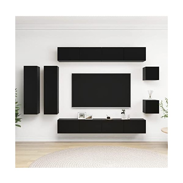 Tidyard Ensemble de Meuble TV Suspendu Design Moderne Meuble TV Mural Salon 8 pcs Noir Aggloméré