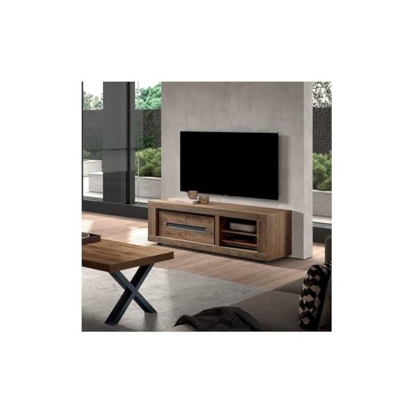 Meuble TV 2 Portes 2 niches Bois Tropical - Peyton - L 151 x l 50 x H 48 cm - Neuf