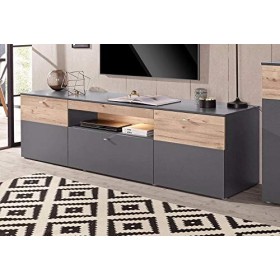 Meuble TV 210 cm, 2 Portes, Bicolore décor Bois Clair et Gris - Design Contemporain - Collection Marbella