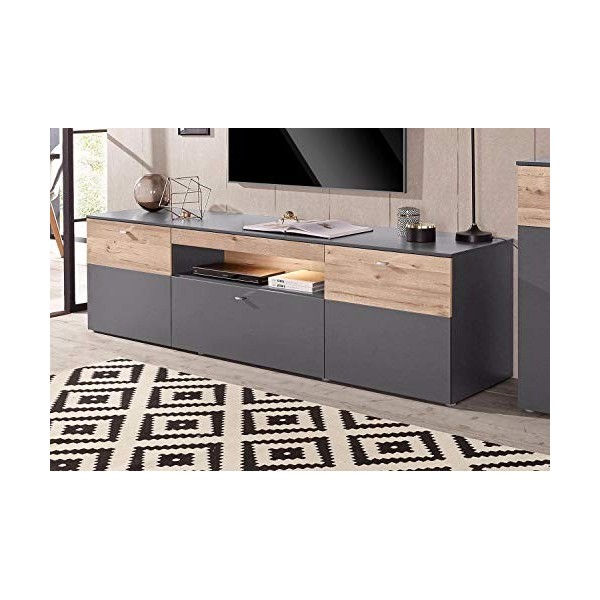 Meuble TV 210 cm, 2 Portes, Bicolore décor Bois Clair et Gris - Design Contemporain - Collection Marbella