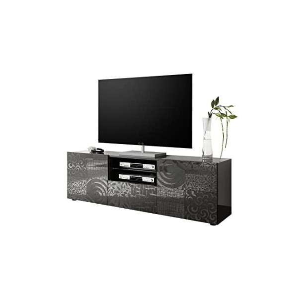 Tousmesmeubles Meuble TV 2 Portes 1 tiroir Laqué Gris Brillant + LEDs - Bari - L 181 x l 42 x H 57 cm - Neuf